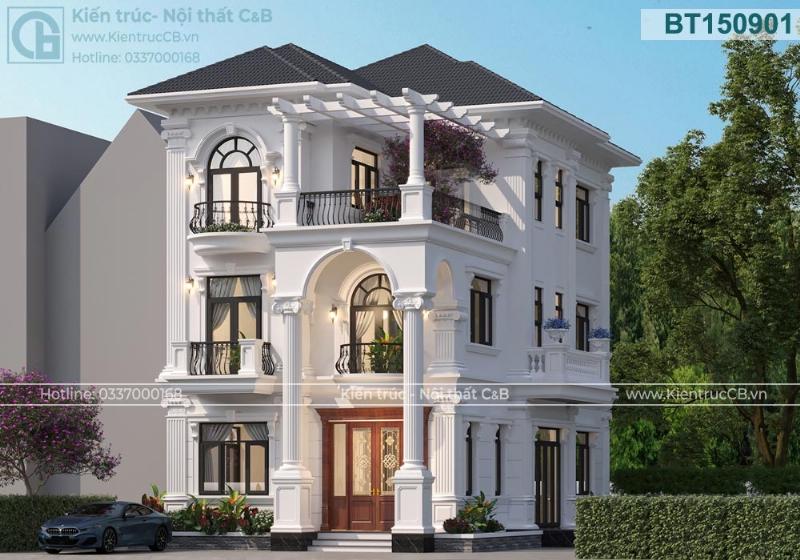 Kiến trúc mặt tiền mẫu nhà ống 2 tầng tân cổ điển nhẹ nhàng, sang trọng, tinh tế